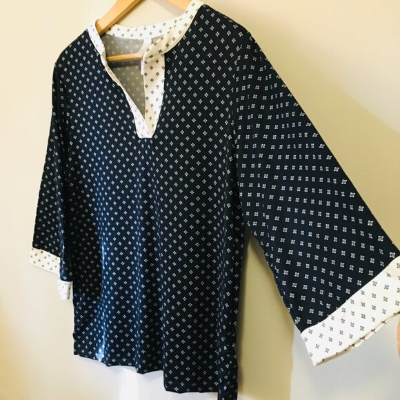 NWT Flora Nikrooz Soft Navy Blue 3/4 Sleeve White Trim Tunic Shirt - Picture 5 of 11